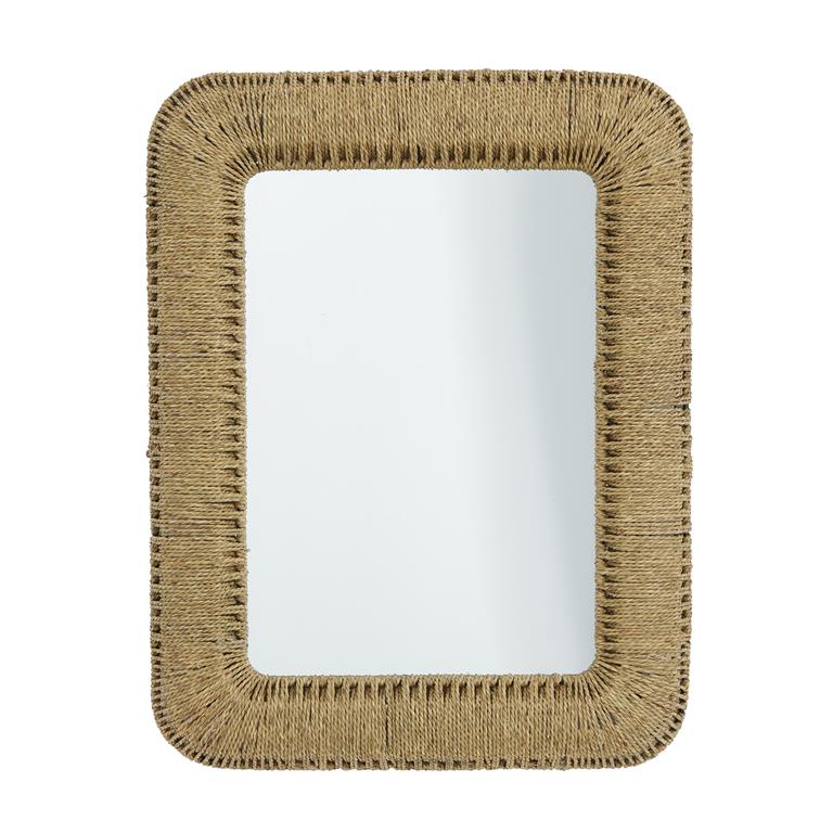 A rectangular wall mirror with a brown iron frame and a textured border.