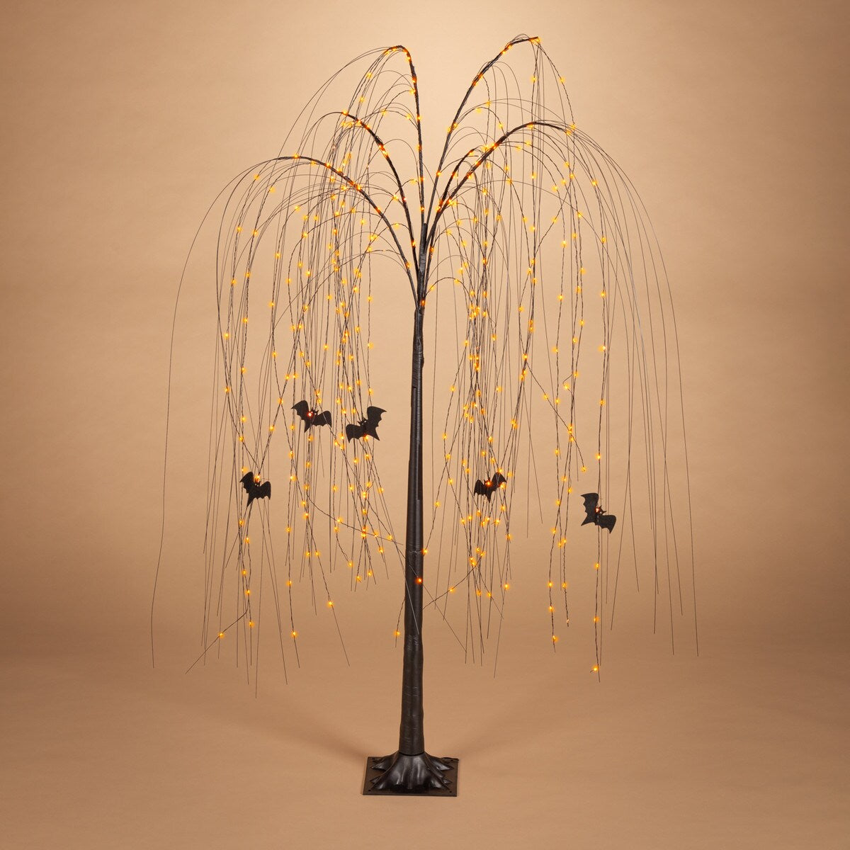 A 5-inch tall black electric willow tree with a spooky design, featuring lifelike branches and illuminated with yellow lights, intended for Halloween decorations.