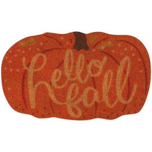 A rectangular door mat with a pumpkin design and the text 'Hello Fall' in a script typeface.