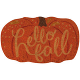 A rectangular door mat with a pumpkin design and the text 'Hello Fall' in a script typeface.