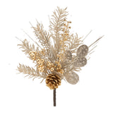 A decorative floral pick with artificial pine leaves, silver dollar eucalyptus, and gold berries.