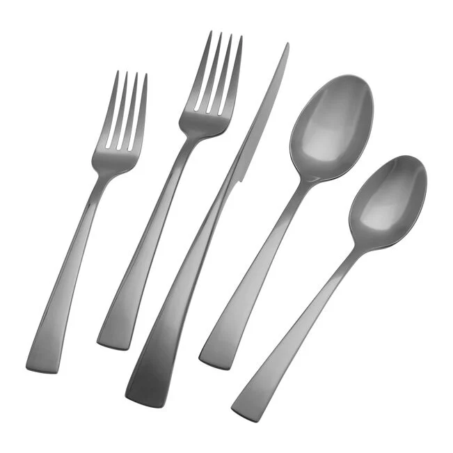 A 20 piece silver flatware set including dinner knives, dinner forks, salad forks, soup spoons, and teaspoons, presented on a white background.