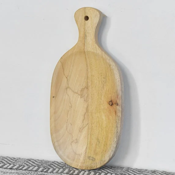 A mango wood serving tray with a smooth finish and a hole on the side for easy handling, displayed against a neutral background.