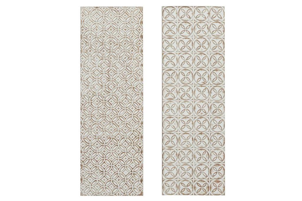 Two panels of beige wall paneling with a geometric pattern.