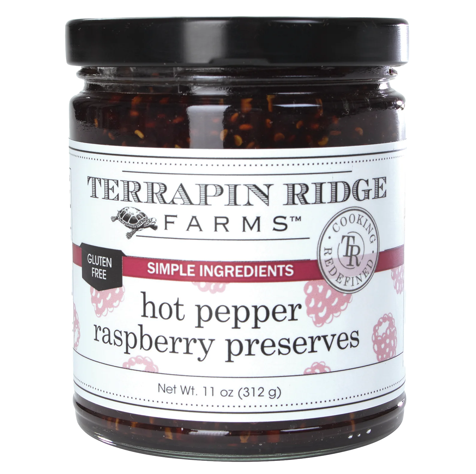 A jar of Terrapin Ridge Hot Pepper Raspberry Preserves with a label indicating the product is gluten-free, vegan, oil-free, and dairy-free.