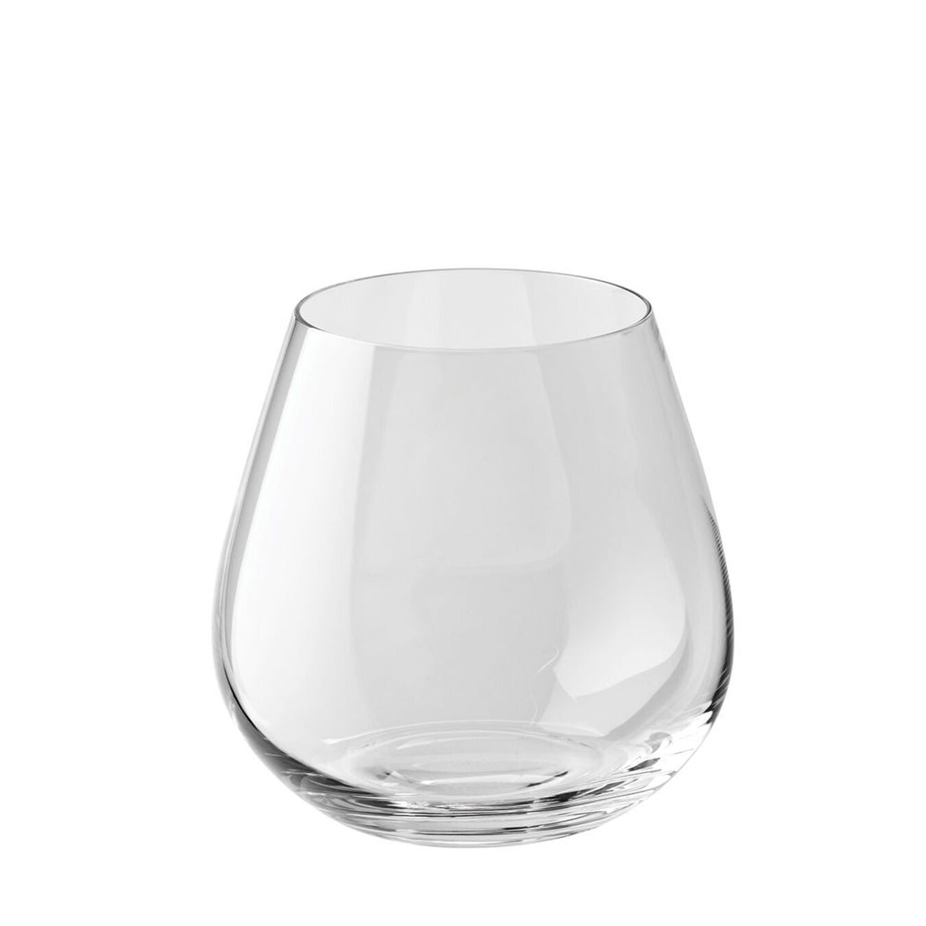 A clear glass whisky glass with a stemless design.