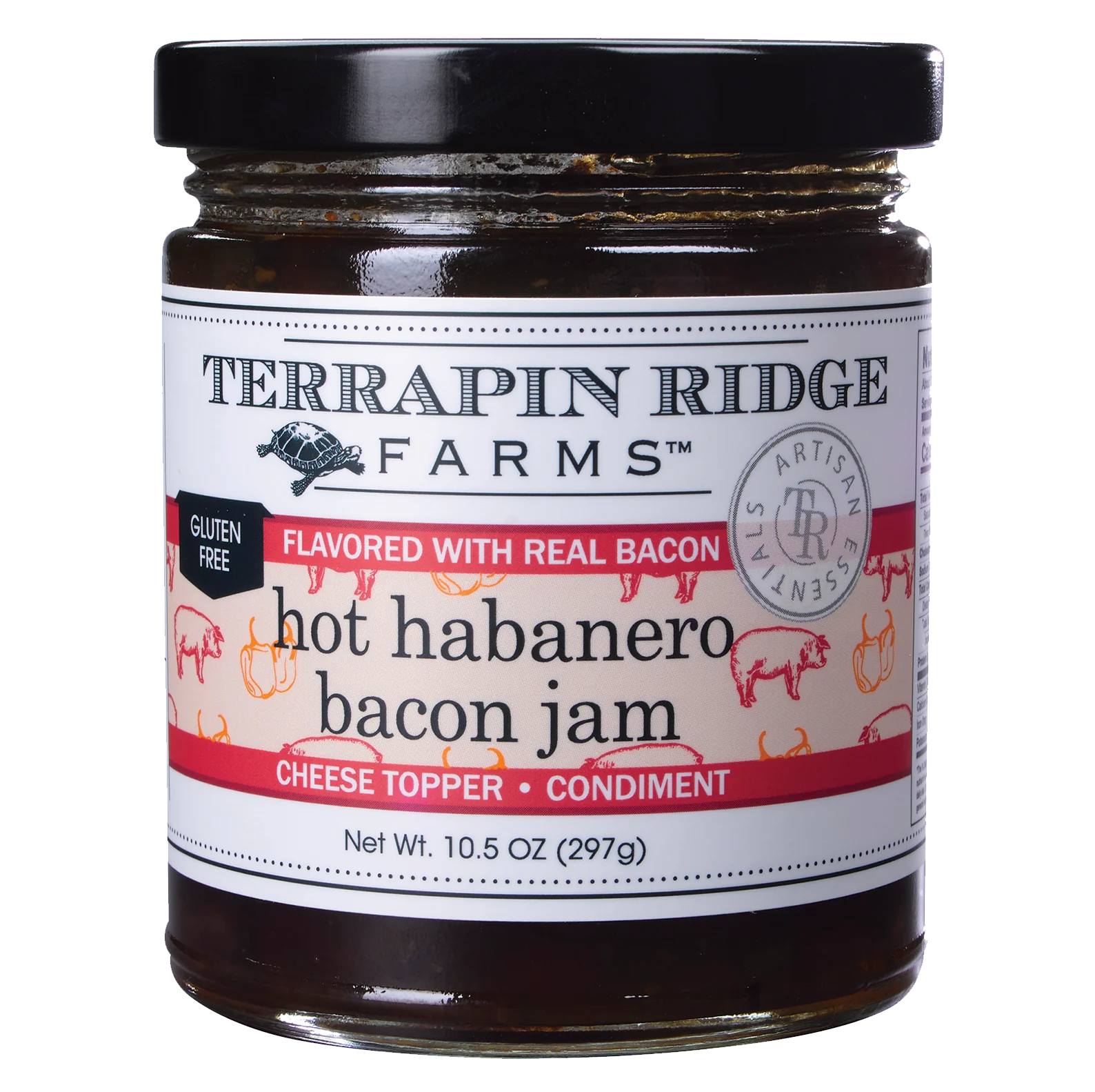 A jar of Terrapin Ridge Farms Hot Habanero Bacon Jam with the label showing the product name and the farms' address. The jam appears to be gluten-free and is condensed with a cheese topper.