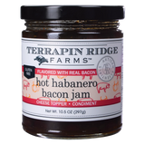 A jar of Terrapin Ridge Farms Hot Habanero Bacon Jam with the label showing the product name and the farms' address. The jam appears to be gluten-free and is condensed with a cheese topper.