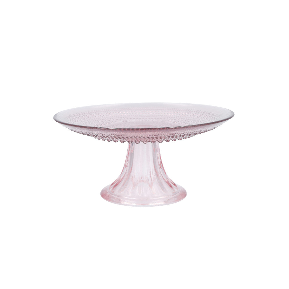 A pink mini cake stand with a textured edge and a central support, designed for serving bite-size desserts.