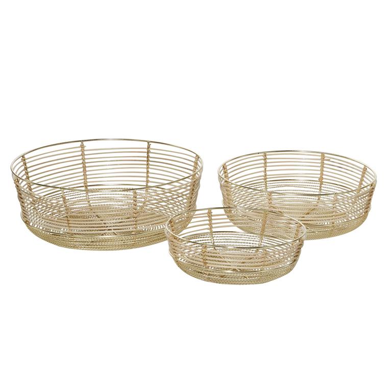 Three round bamboo bowls of varying sizes with a sleek design, suitable for storage or display.