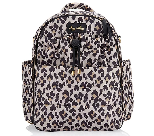 A leopard print diaper backpack with multiple pockets and a zipper closure.