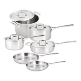 A 10-piece stainless steel cookware set by DEMEYERE, including various sizes of pans and pots with lids.