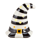 A black and white striped witch hat with lights, designed as a sitter decoration.