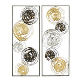 A wall decor featuring a geometric pattern with metal circles in gold, silver, and black colors.