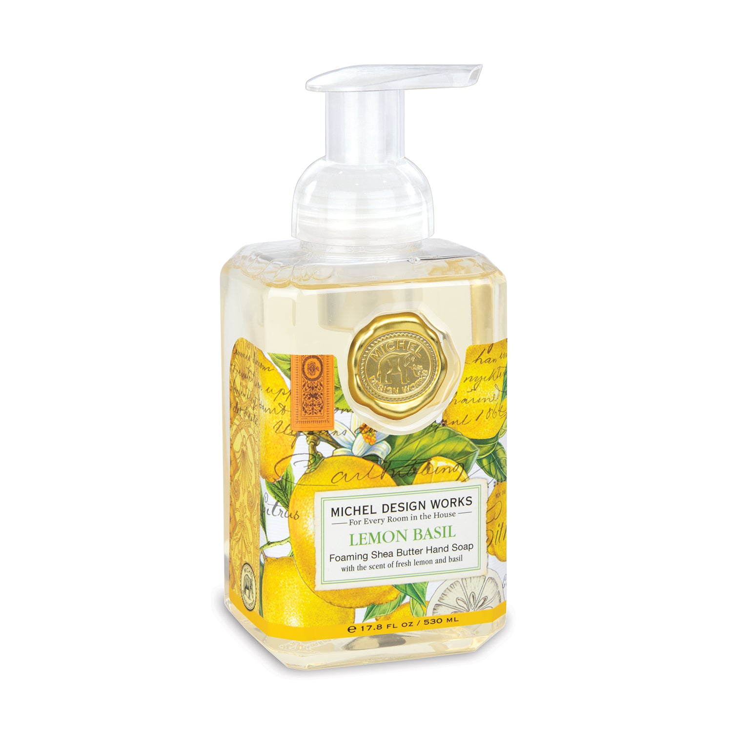 A pump bottle of MD FOAM SOAP 17.8OZ LEMON BASIL by Michel Design Works, featuring lemon and basil imagery on the label.