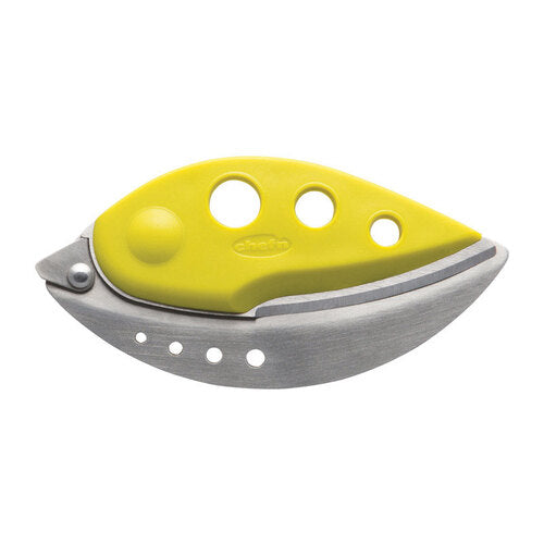 A yellow and silver herb stripper tool with multiple holes and a ball-like knob at the top.