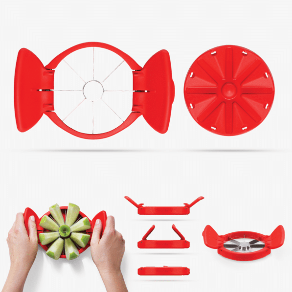 A red apple corer tool, displayed in various states of use including being held by a person coring an apple, and disassembled to show the individual components.