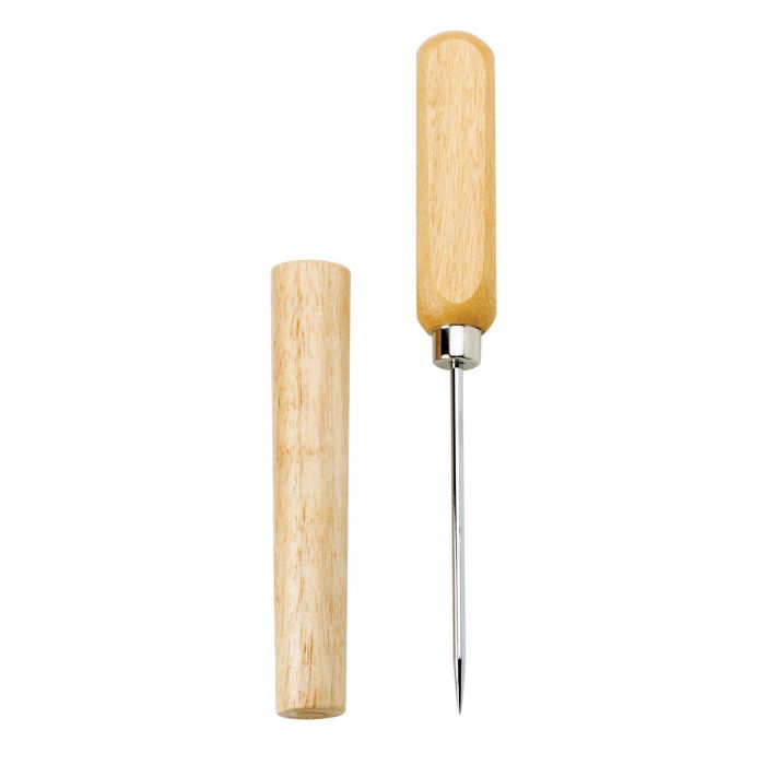 An ice pick with a wooden handle and a metal pick, alongside a wooden cover.