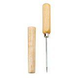 An ice pick with a wooden handle and a metal pick, alongside a wooden cover.