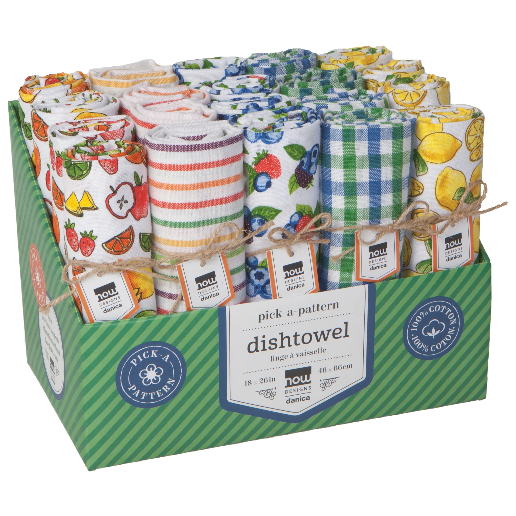 A set of kitchen towels with a berries and fruit pattern, displayed in a box bound by a twine-like cord.
