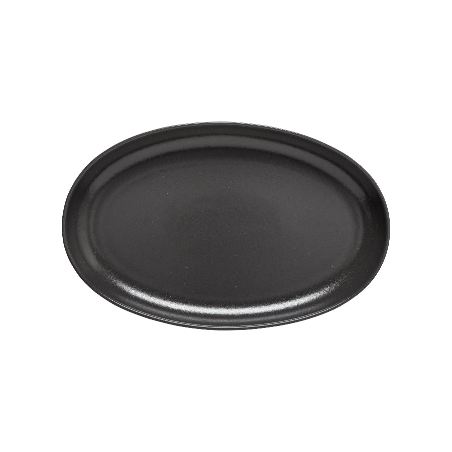 A 13 inch oval platter in a seed gray color.