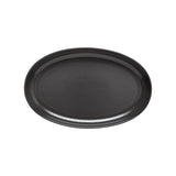 A 13 inch oval platter in a seed gray color.