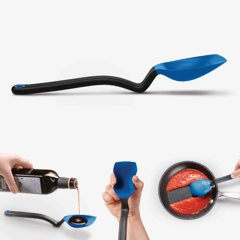 A collage of images showing a blue and black serving spoon being used in various cooking scenarios, such as scooping food from a pan and pouring sauce from a bottle.
