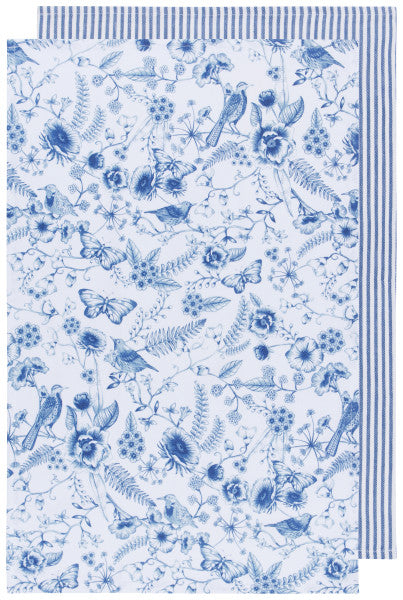 A blue and white striped dishtowel with a floral pattern