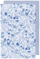 A blue and white striped dishtowel with a floral pattern