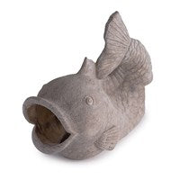 A gray resin fish-shaped downspout cover for a gutter.