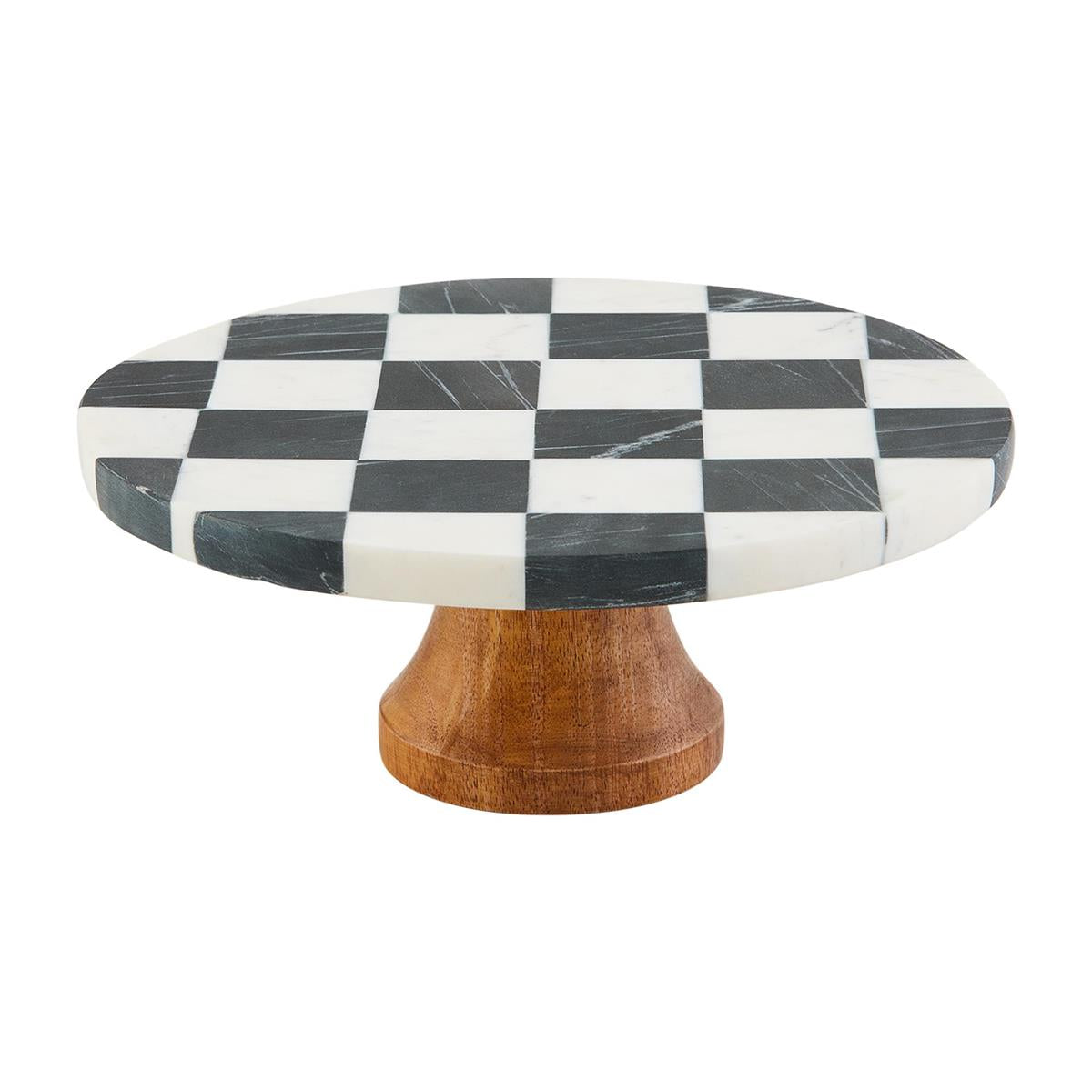 A black and white checkered marble top pedestal on a wooden base.