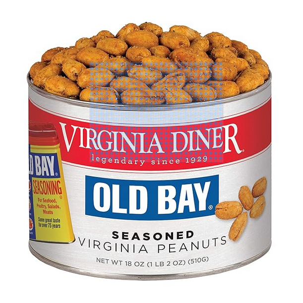 A can of Virginia Diner Old Bay Seasoned Virginia Peanuts, with the product visible through the transparent section of the packaging.