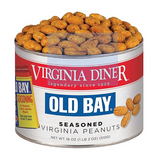 A can of Virginia Diner Old Bay Seasoned Virginia Peanuts, with the product visible through the transparent section of the packaging.