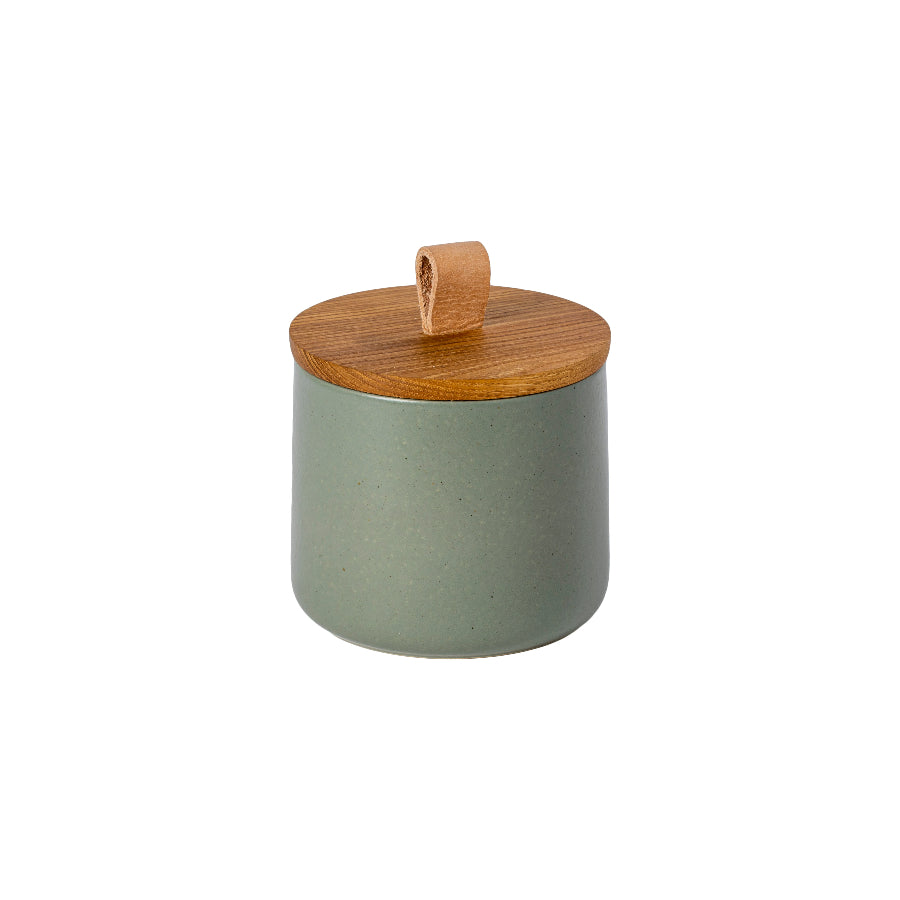 A green cylindrical canister with an oak wood lid on top, positioned against a white background.
