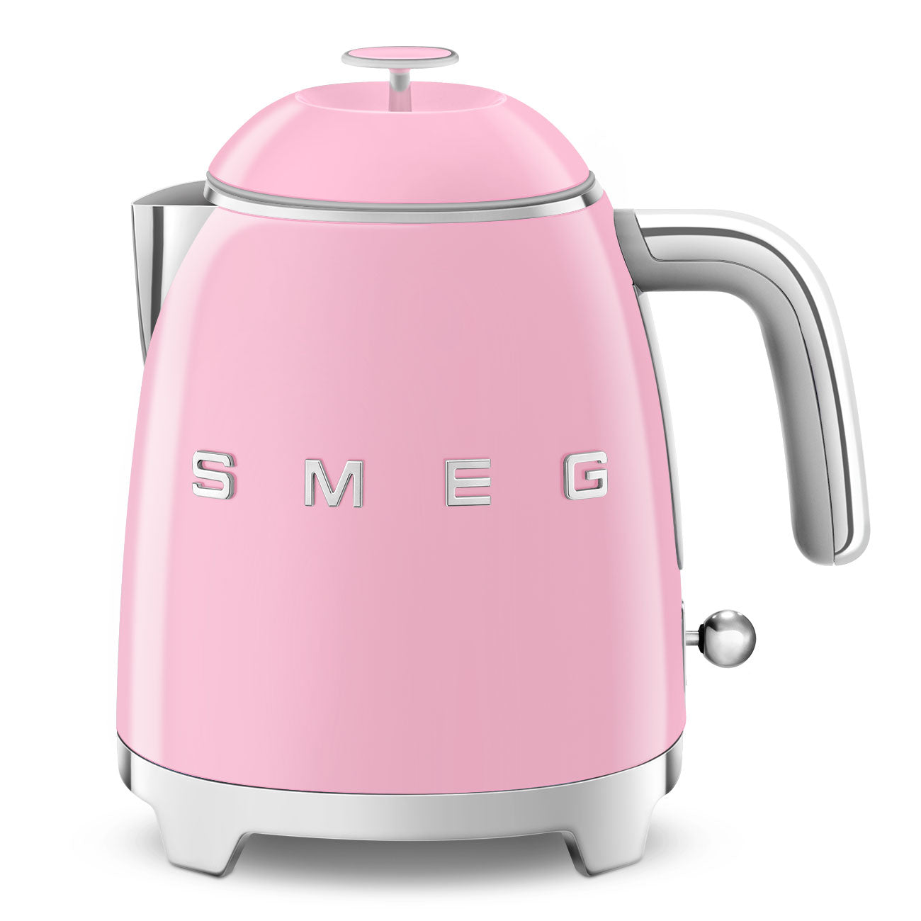 A pink SMEG electric kettle with a retro design.