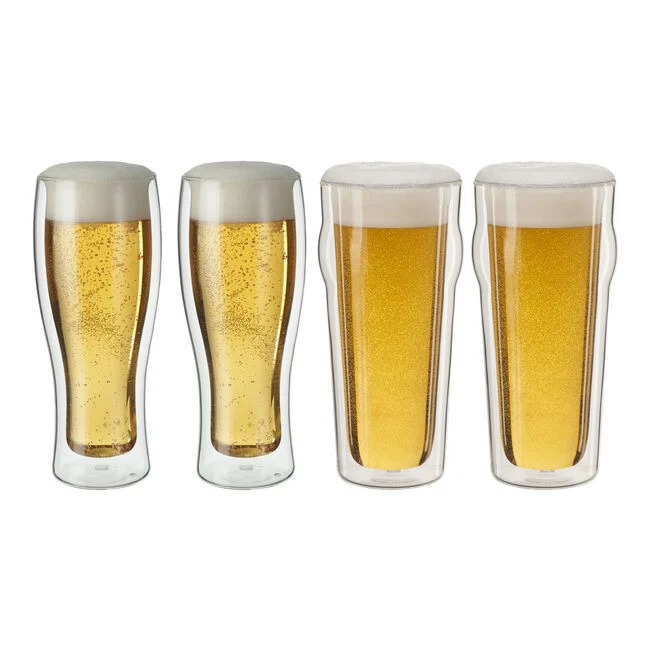A set of four clear beer glasses with a full glass of beer in each, showcasing the product's use.