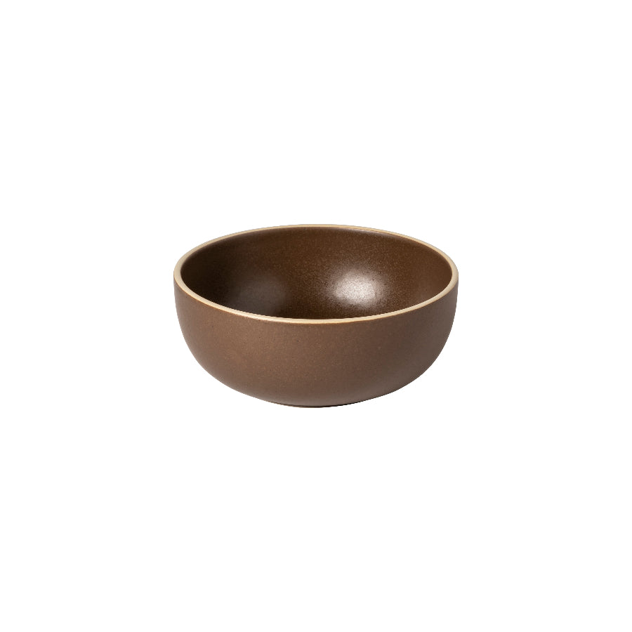 A brown ceramic cereal bowl with a smooth, rounded edge.