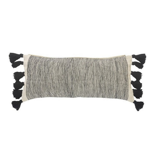 A rectangular throw pillow with a distressed gray and black fringe design.