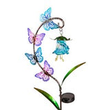 A solar-powered garden stake with a metal structure, featuring colorful dragonfly decorations, leading up to a small solar panel at the top.