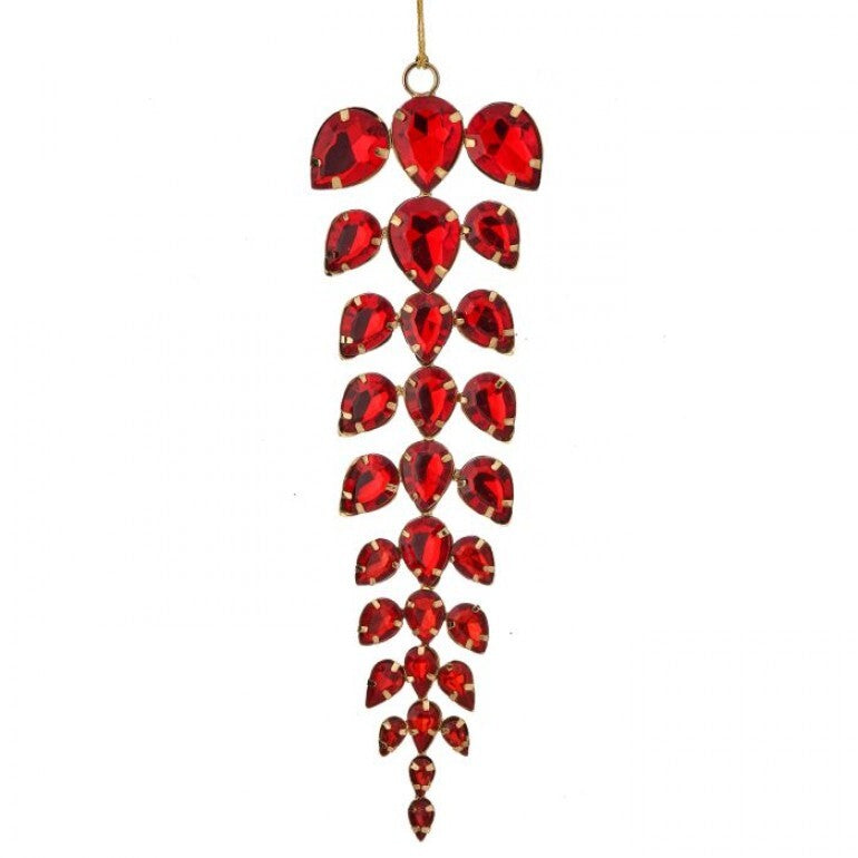 A 7.5 inch crystal jeweled drop ornament with red sparkling jewels arranged in a tapered array with a loop for hanging.