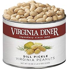 A tin container of Virginia Diner Dill Pickle Virginia Peanuts, 18oz.