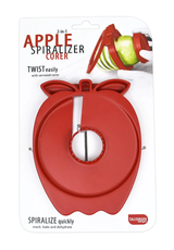 A red apple-shaped kitchen slicer tool, designed for spiralizing and coring apples, packaged on a white background with a product label.