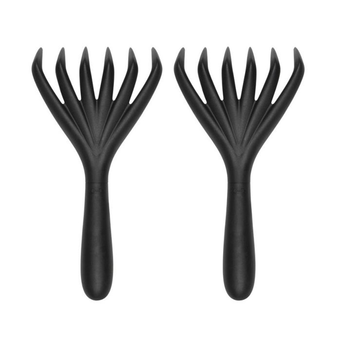 Two black meat claws with contoured handles, designed for shredding and transferring meat.