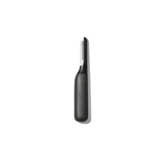 A black and gray OXO Shrimp Deveiner & Cleaner tool designed for cleaning and preparing shrimp.