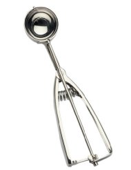 A stainless steel ice cream scoop with a spring release mechanism.