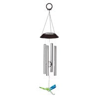A 23.5 inch solar-powered windchime with black and metallic colors, designed to hang outdoors.