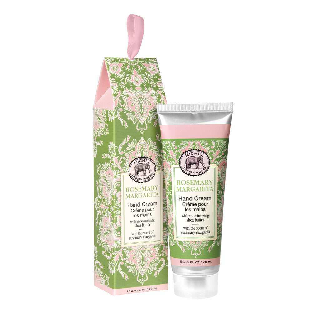 A tube of Rosemary Margarita hand cream next to its packaging box, both with floral designs and pink accents.