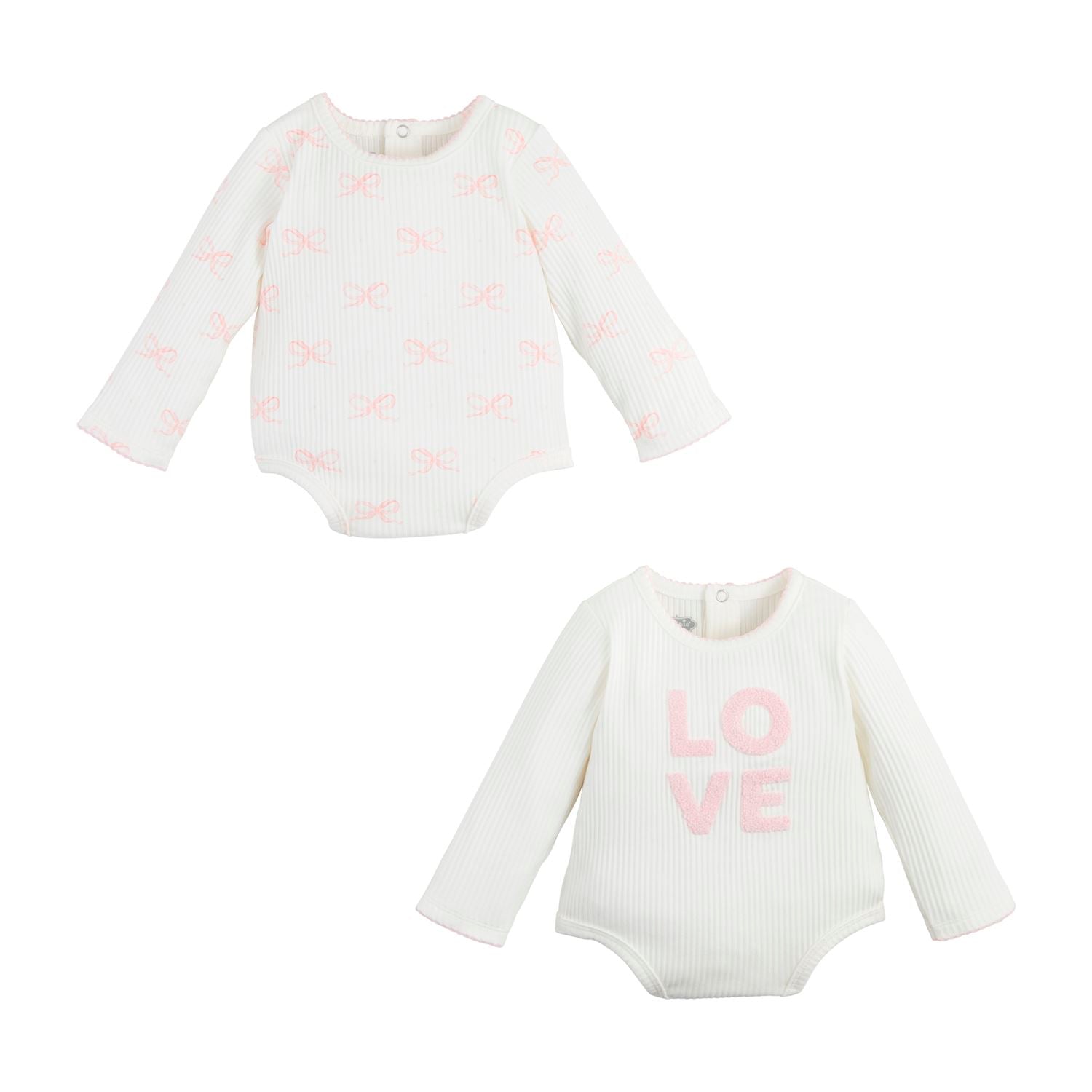Two white bodysuits for babies, one with a heart pattern and the other with the word 'LOVE' printed on the front.