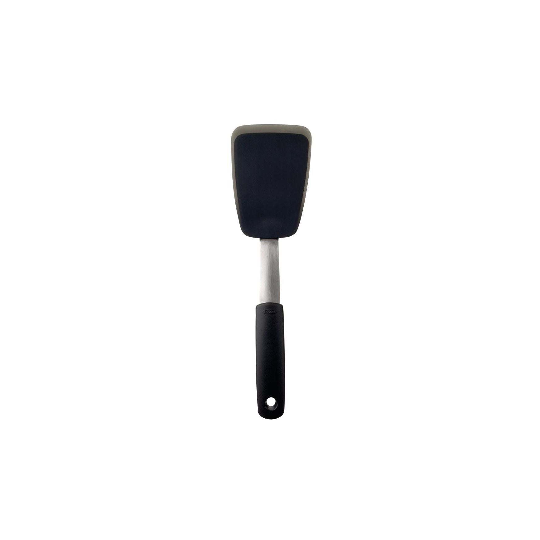 A black silicone spatula with a stainless steel handle.