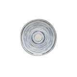 A ceramic salad plate with a blue and white geometric pattern on a white background.